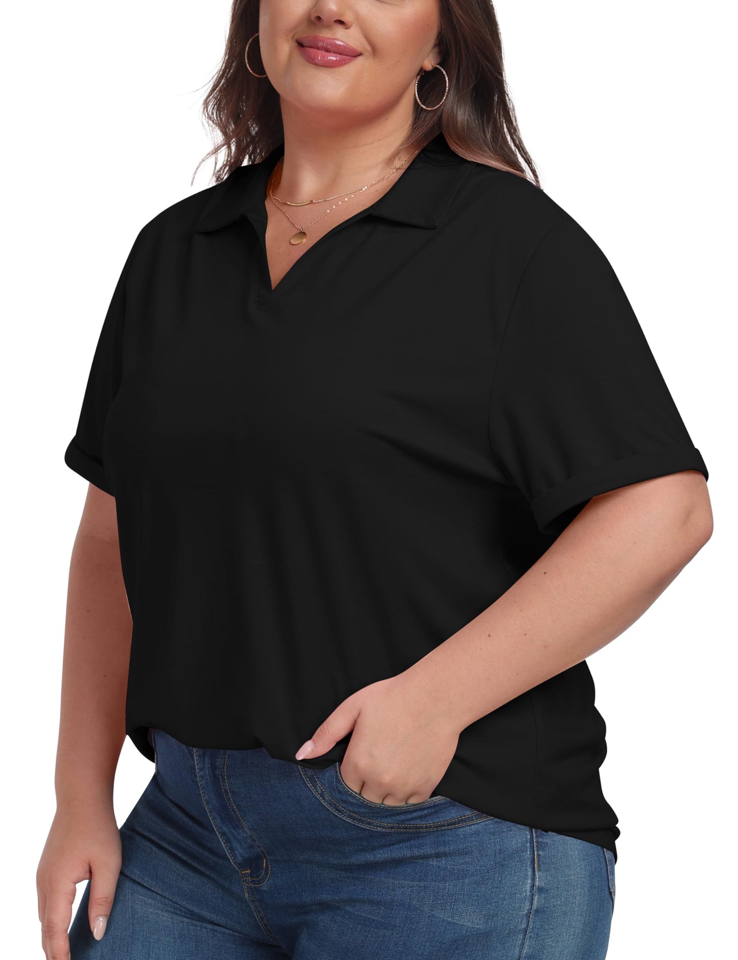 MoFiz Golf Shirts for Women Plus Size V-Neck Collared Athletic Polo Shirt Short Sleeve Tennis T-Shirt Oversized Cooling Yoga Active Tops 3XL Black