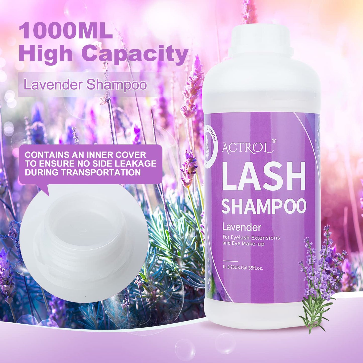 ACTROL Eyelash Extension Cleanser Lavender 1L Natural Lash Extension Shampoo Professional Eyelid Foaming Cleanser Paraben & Sulfate Free Non-lrritating with Salon and Home Care