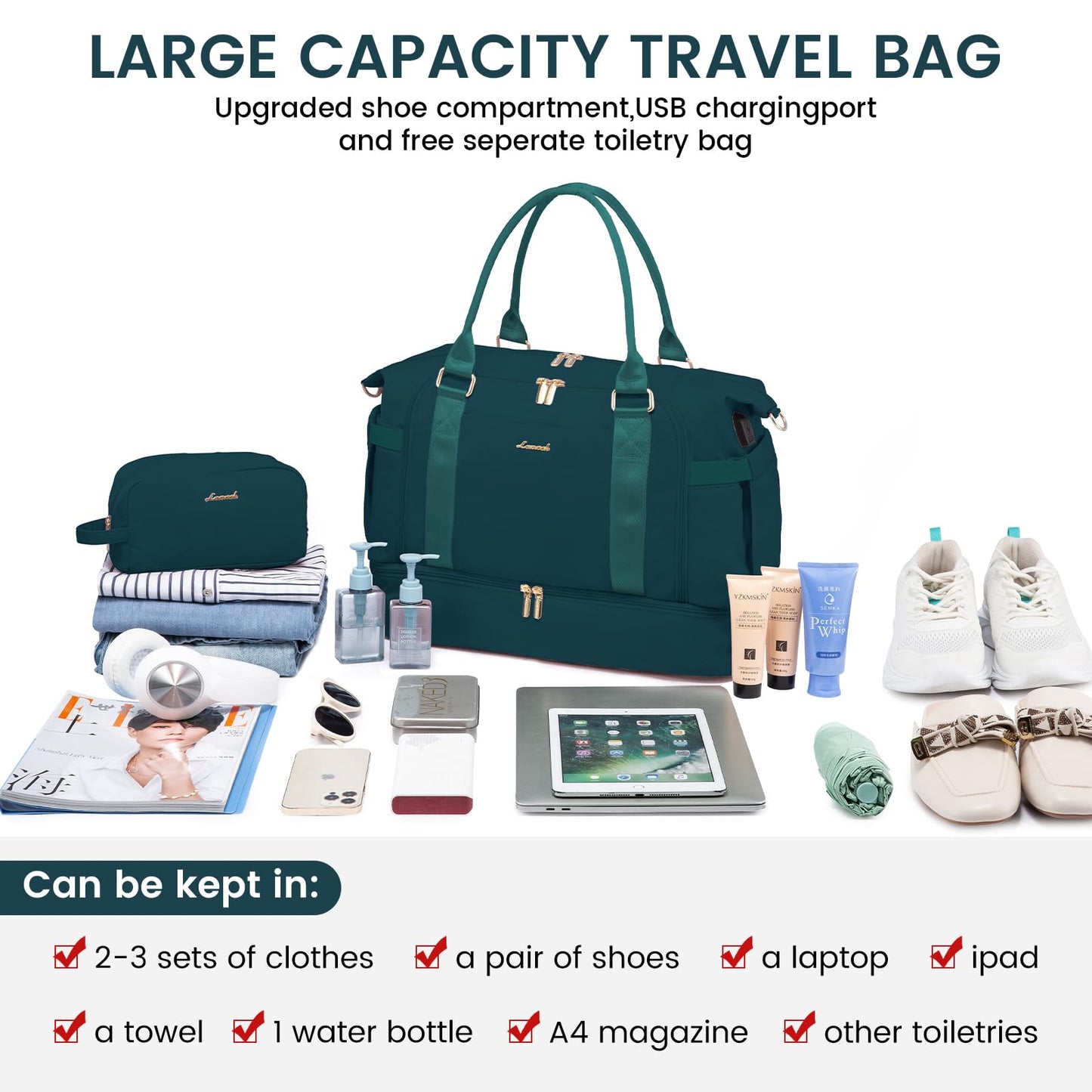 Gym Bag for Women LOVEVOOK Travel Duffel Bag with USB Charging Port,Weekender Bags for Women with Shoe Compartment,Carry on Overnight Bag with Toiletry Bag,Hospital Bags for Labor and Deliver