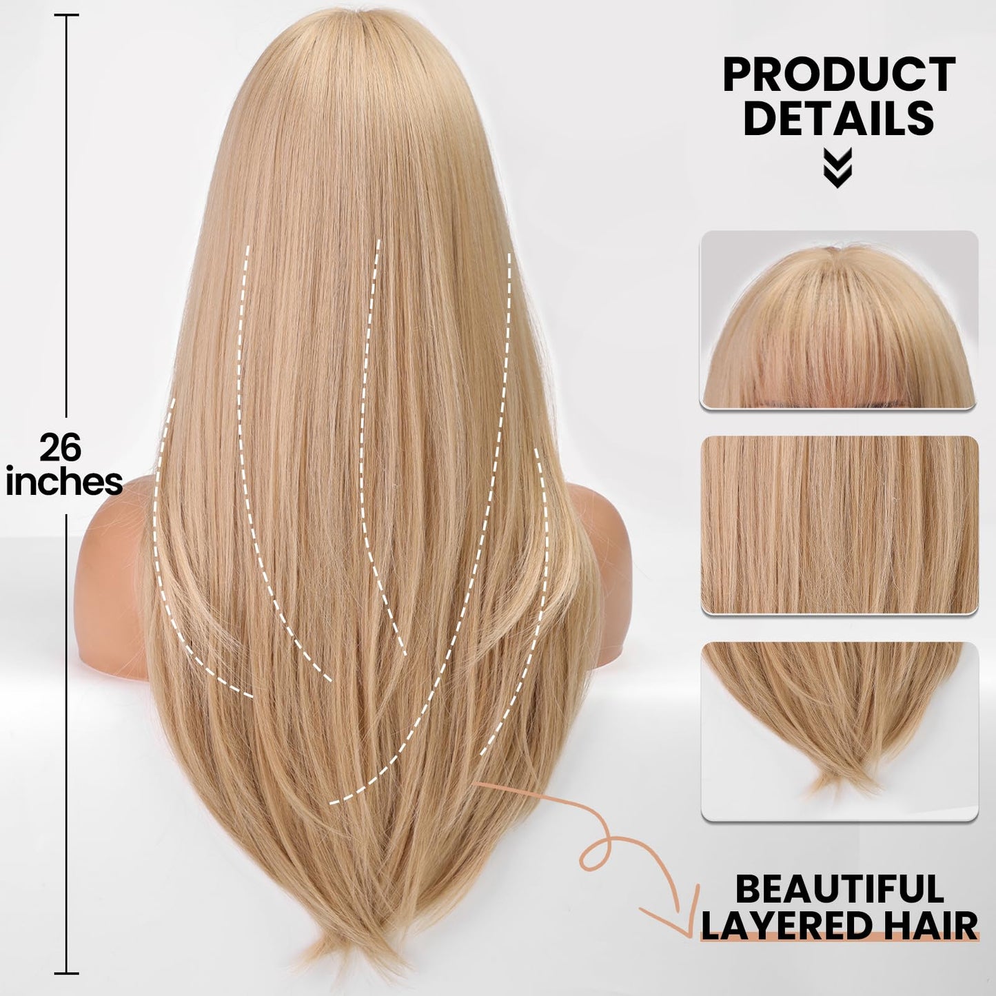EMMOR 613 Blonde Wig With Bangs For Women Long Straight Wigs Synthetic Layered Hairstyle For Girls Party Cosplay And Daily Use(26" Platinum Blonde)