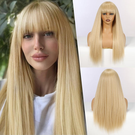 EMMOR Long Straight Yaki Wigs for Women with Bangs Comfortable Elastic Band 26 Inch Heat-resistant Synthetic Fibers(Blonde)
