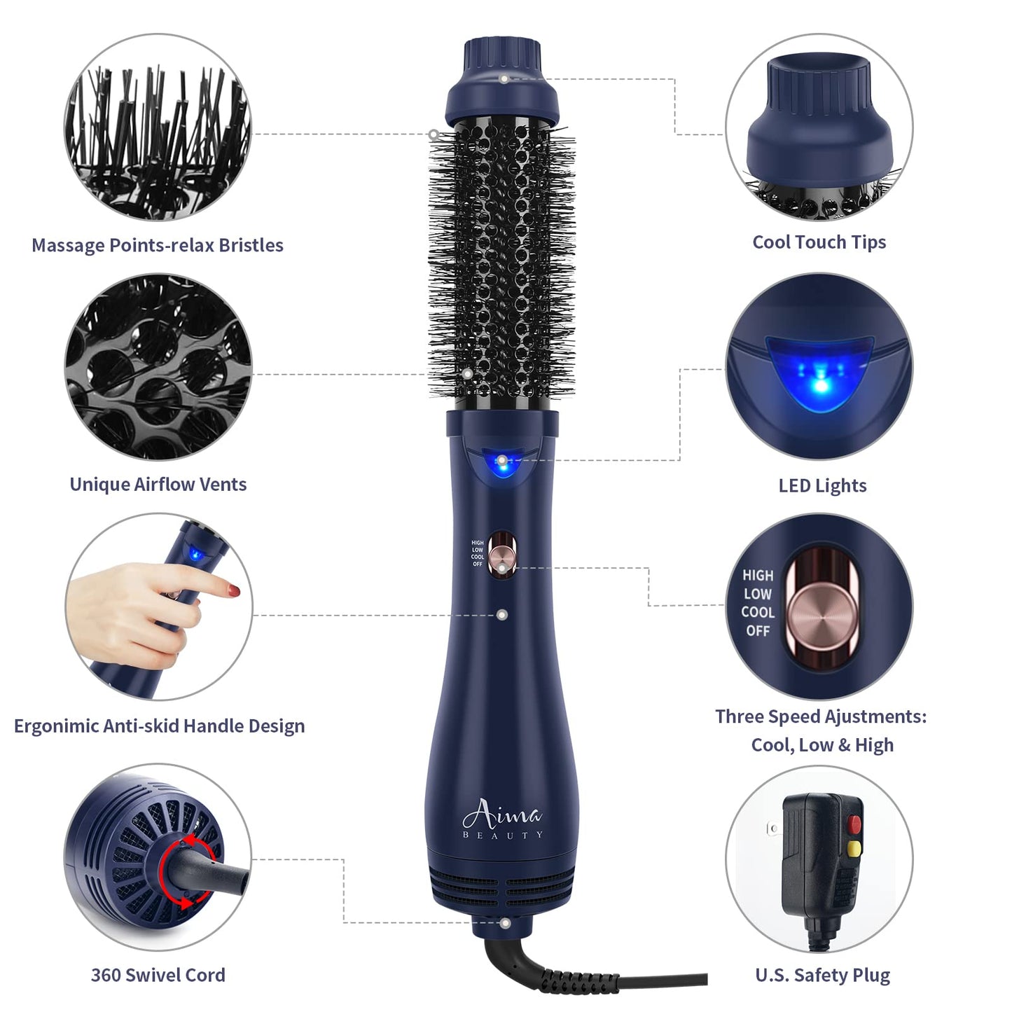 Hair Dryer Brush, Aima Beauty 4-in-1 Upgrade Hot Air Straightener Curler Function for Women, Hair Styling Tools, Prussian Blue-Round