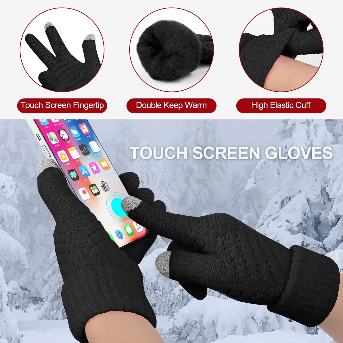 3 Pieces Winter Hat and Scarf Set for Women Warm Knit Beanie Fleece Lined Pom Hats Neck Warmer Touchscreen Gloves Gifts,Black Set