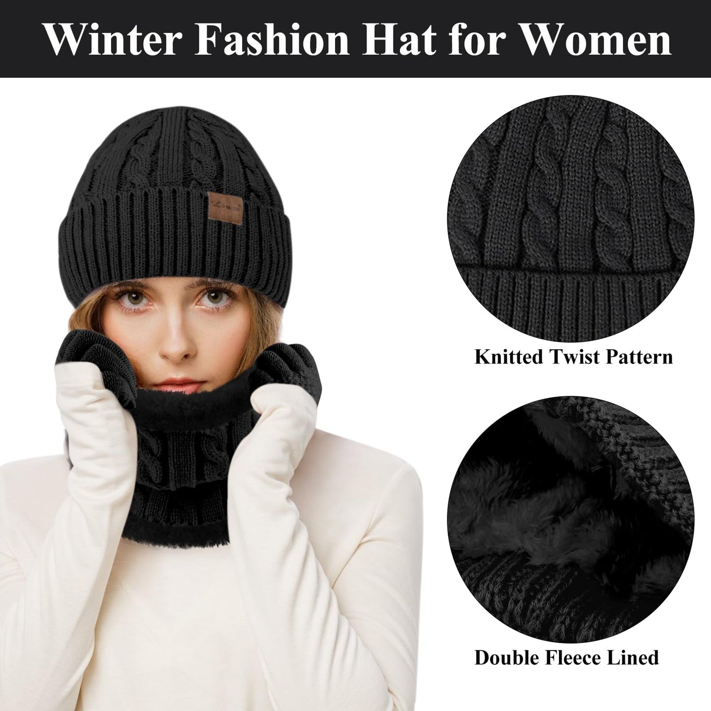 3 Pieces Womens Beanie Hat Scarf Touch Screen Gloves Set for Women Warm Knit Fleece Lined Skull Caps Neck Warmer Gifts,A-Black