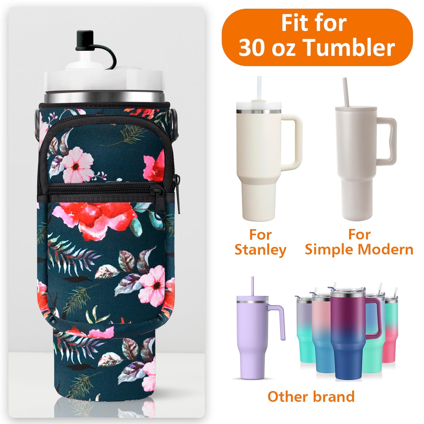 AceTreker 30/40 oz Stanley Cup Holder Bag with Phone Pocket, Neoprene Insulated Simple Modern Travel Mug Sleeve w/Paracord Handle & Straw Cover for Car Gym Walking-Wild Rose