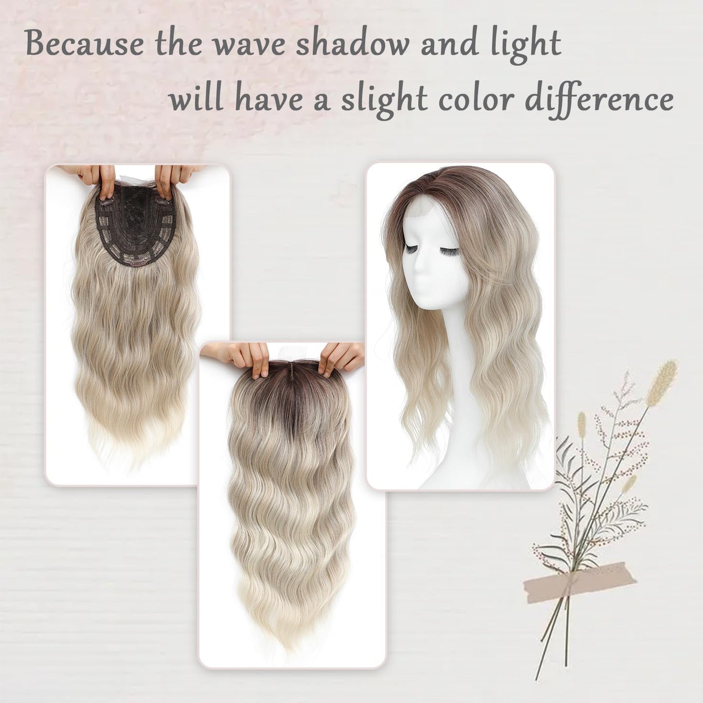 360 3D Wiglet for Women: 20 Inch Curly Hair Topper with Side Bangs, Wavy Hair with Thinning, Ash Blonde Mix Highlights with Brown Root