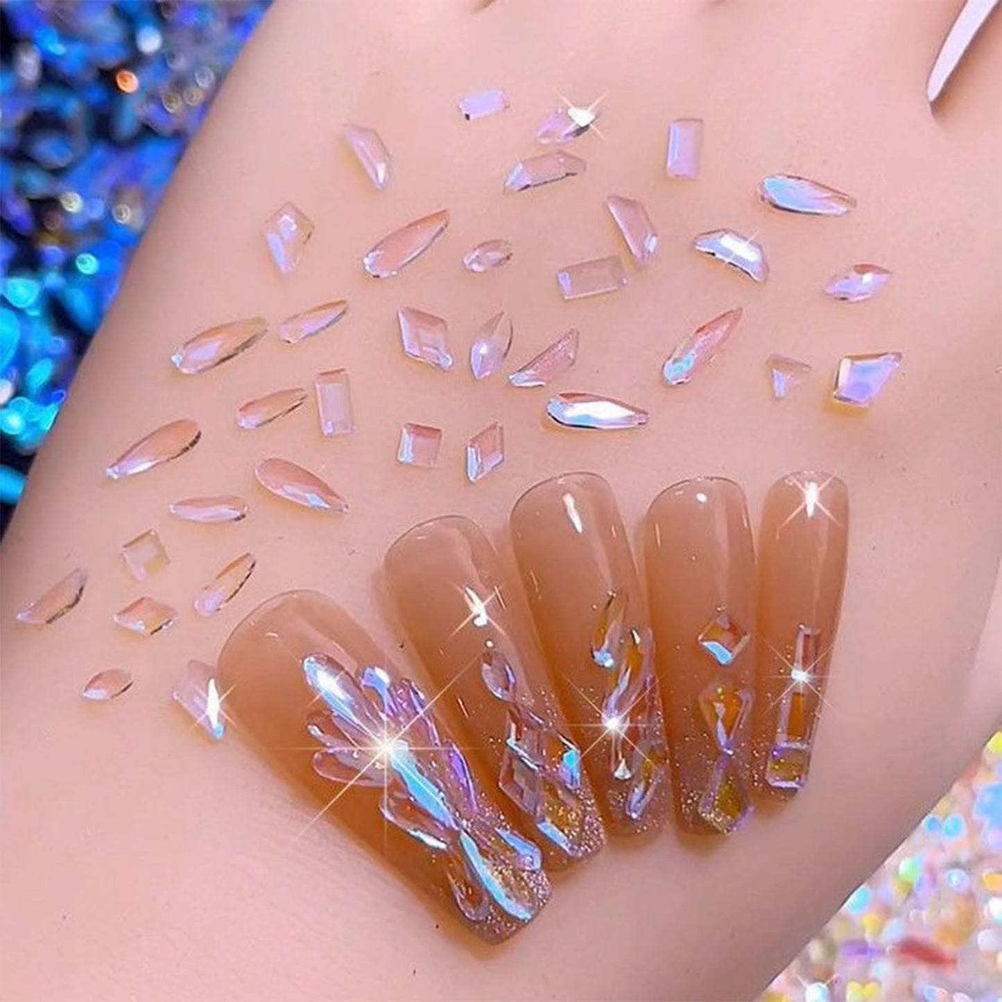 200PCS Aurora Nail Art Rhinestones Multi Shapes Mix 3D Glass Crystal Nail Gems Nail Charms Craft Heart Bear Star Irregular Iridescent Clear Nail Rhinestone Diamonds for Women Girls DIY Nail Art Design