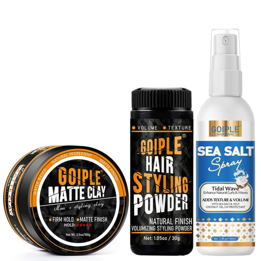 Matte Clay Firm Hold Hair Clay for Men Water Based & Hair Styling Powder for Natural Finish Volumizing & Texturizing Hair Powder & Sea Salt Spray for All Hair Adds Instant Thickness Light Hold (3PCS)