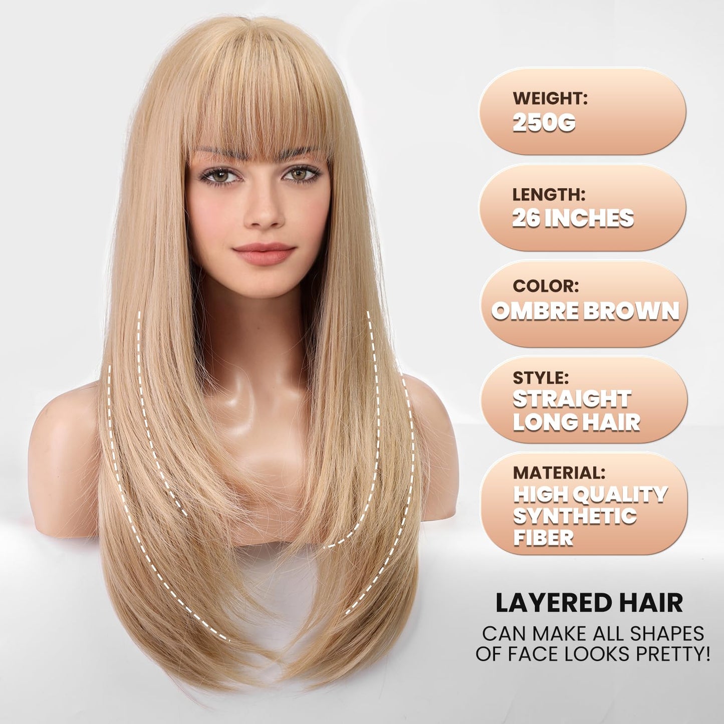 EMMOR 613 Blonde Wig With Bangs For Women Long Straight Wigs Synthetic Layered Hairstyle For Girls Party Cosplay And Daily Use(26" Platinum Blonde)