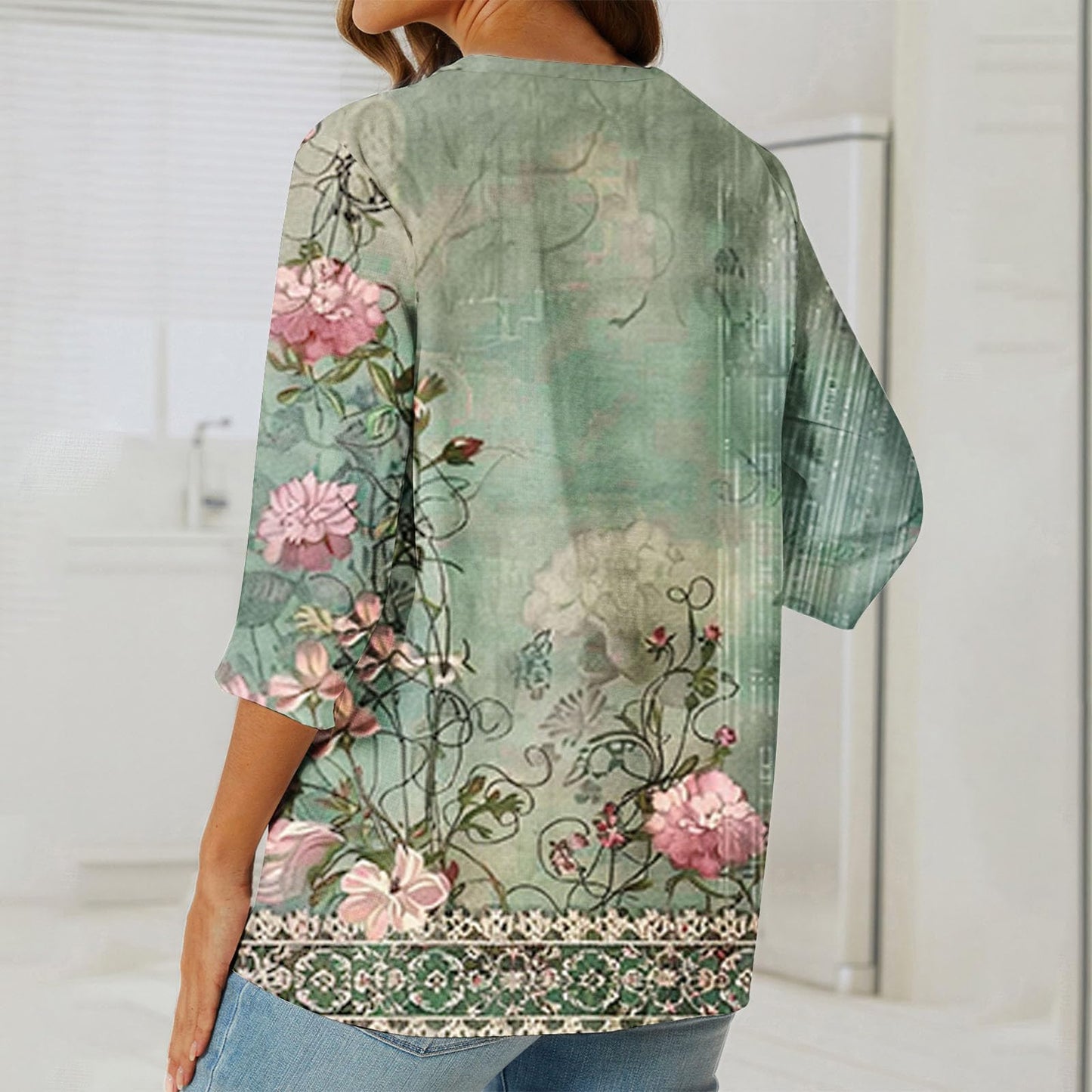 3/4 Sleeve Tops for Women 2024 Summer Shirts V Neck Floral Tshirts Button Peasant Blouses Loose Graphic Tees T-Shirts, Tshirts Shirts for Women Trendy, Plus Size Tops for Women