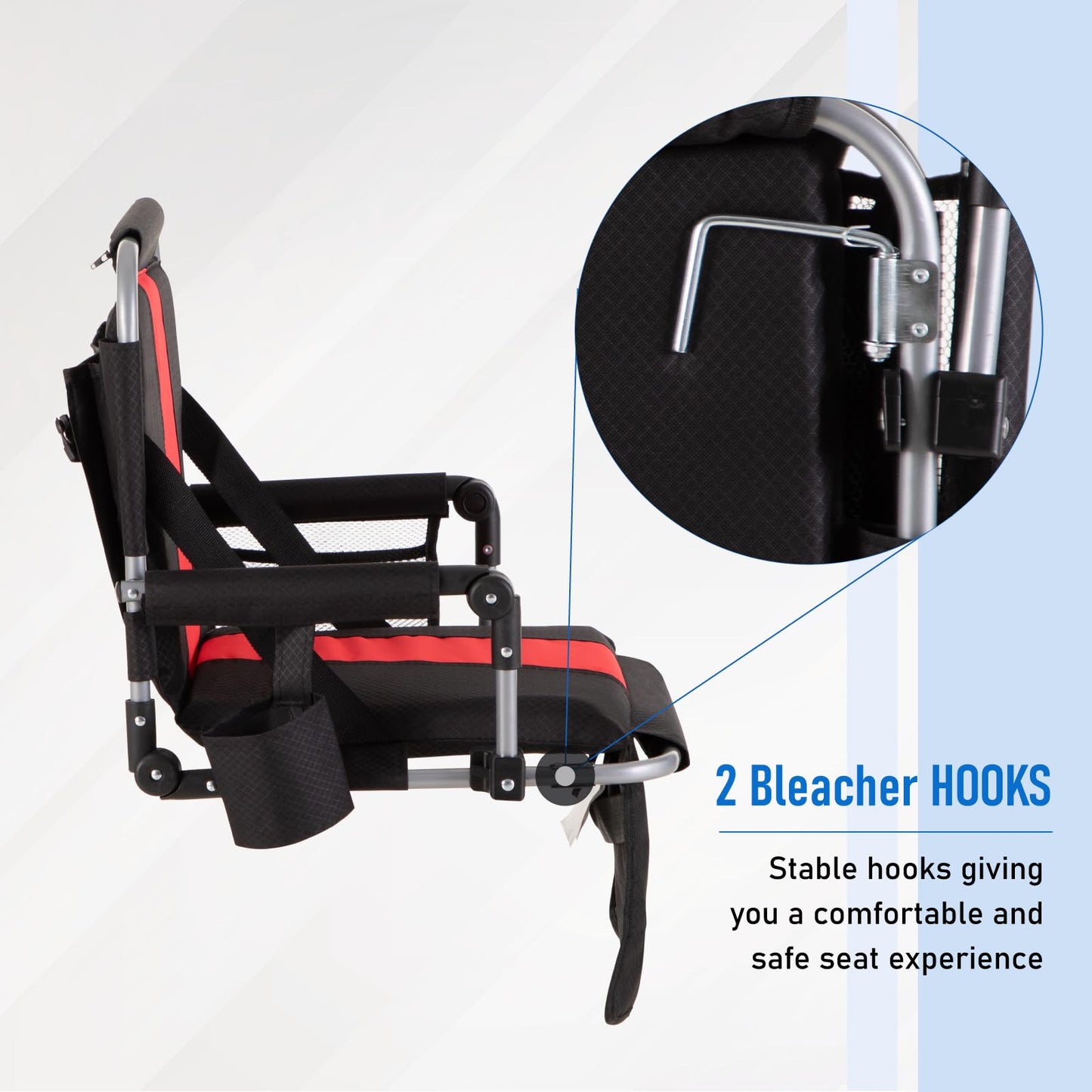 GREEN PARTY Stadium Seat for Bleachers Portable Outdoor Floor Folding Stadium Chair with Armrest, Back Support, Cup Holder, Mesh Bag and Hide Hooks, Black Red