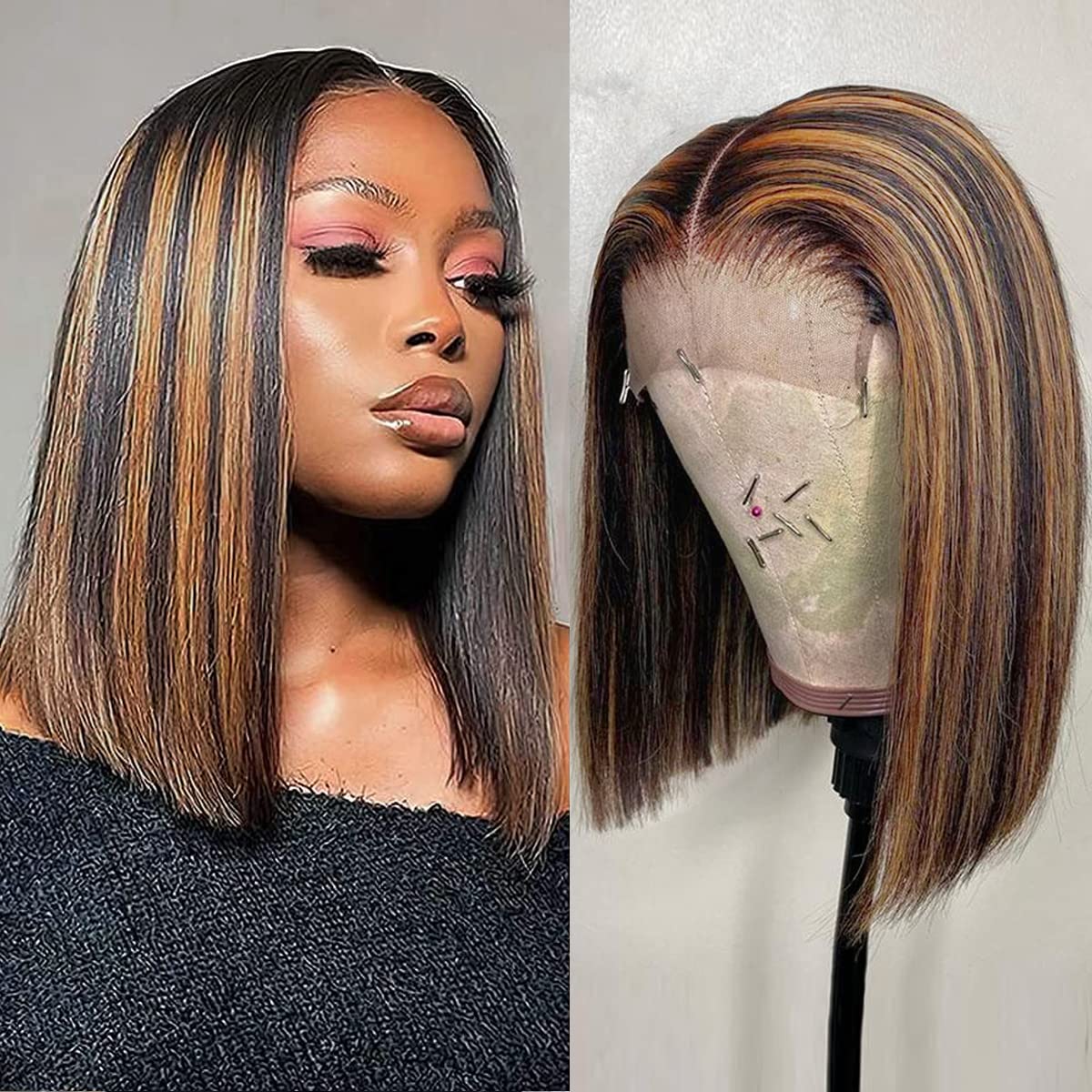 Colorful Bird Highlight Ombre 4x4 Lace Frontal Bob Wig Human Hair Straight Balayage FB30 Blonde Wigs for Women Lace Frontal Wigs 150% Density Pre Plucked 14inch