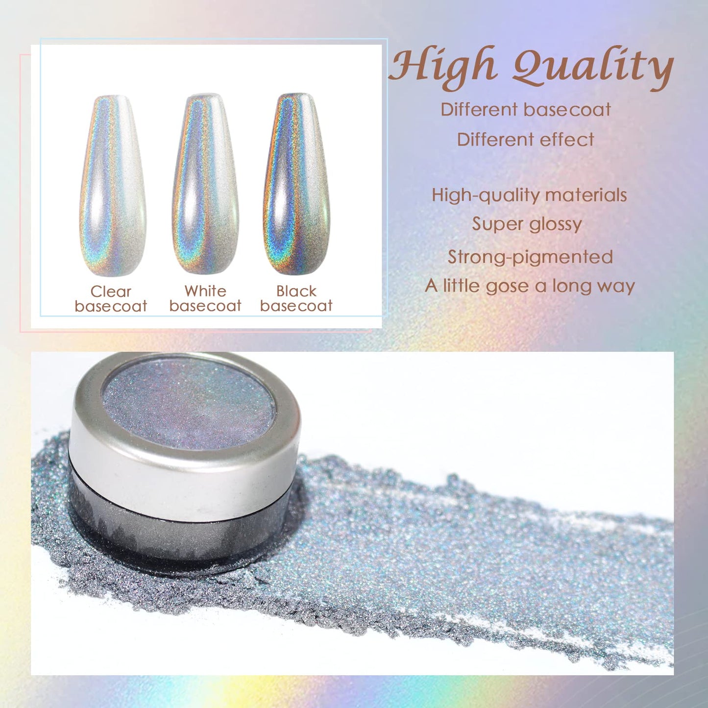 Laza Chrome Nail Powder Mirror Effect Metallic Dust Holographic Glitter Glazed Manicure Decoration Reflective Pigment for DIY Gel Polish Nail Art, Resin Craft, Gifts - Laser Silver