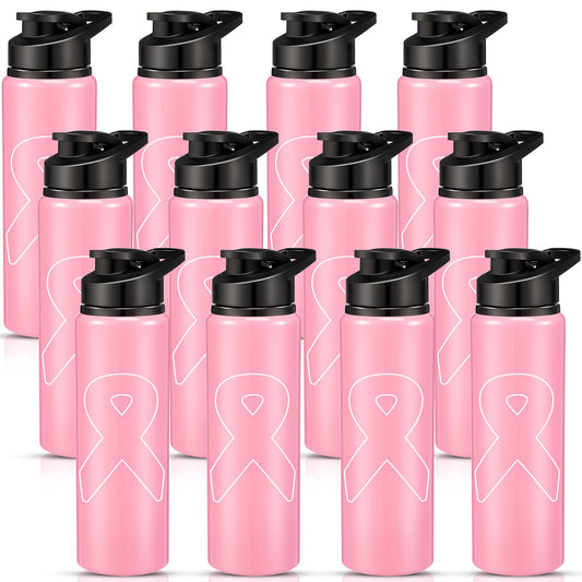 12 Pieces Breast Cancer Awareness Gifts Aluminum Water Bottles Pink Ribbon Breast Cancer Gift for Women Leak Proof Lightweight Portable Bottles for Marathon Running (Stylish Style,25 oz)