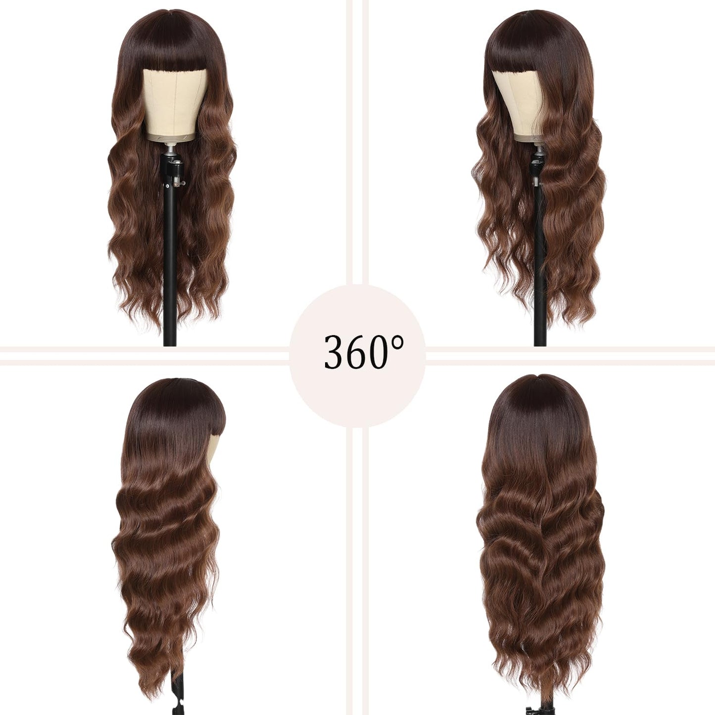 punhurt Brown Wig with Bangs 26 Inches Long Wavy Curly Wig for Women Synthetic Wigs for White Women Wigs with Bangs
