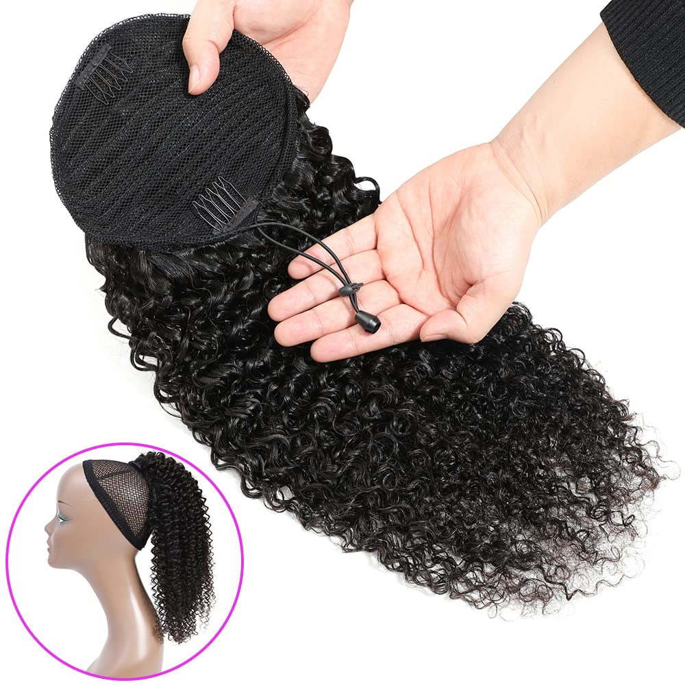 Adette 20 Inches Curly Ponytails Human Hair Drawstring Ponytail Extension Kinky Curly Clip in Pony Tail Hair Extensions Hair Pieces for Black Women Natural Black