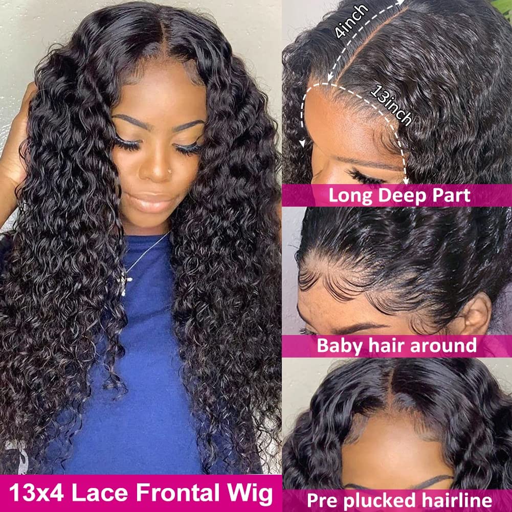 Pizazz 220% Density Glueless Deep Wave Human Hair Wigs for Black Women 13x4 HD Transparent Lace Front Wigs Human Hair With Baby Hair Natural Hairline Natural Color(24 Inch)