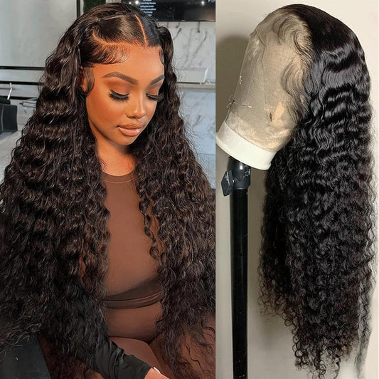 13x4 Deep Wave Lace Frontal Wigs Human Hair 180% Density Deep Curly HD Lace Front Wigs Human Hair for Black Women Pre Plucked with Baby Hair Natural Black 26 Inch