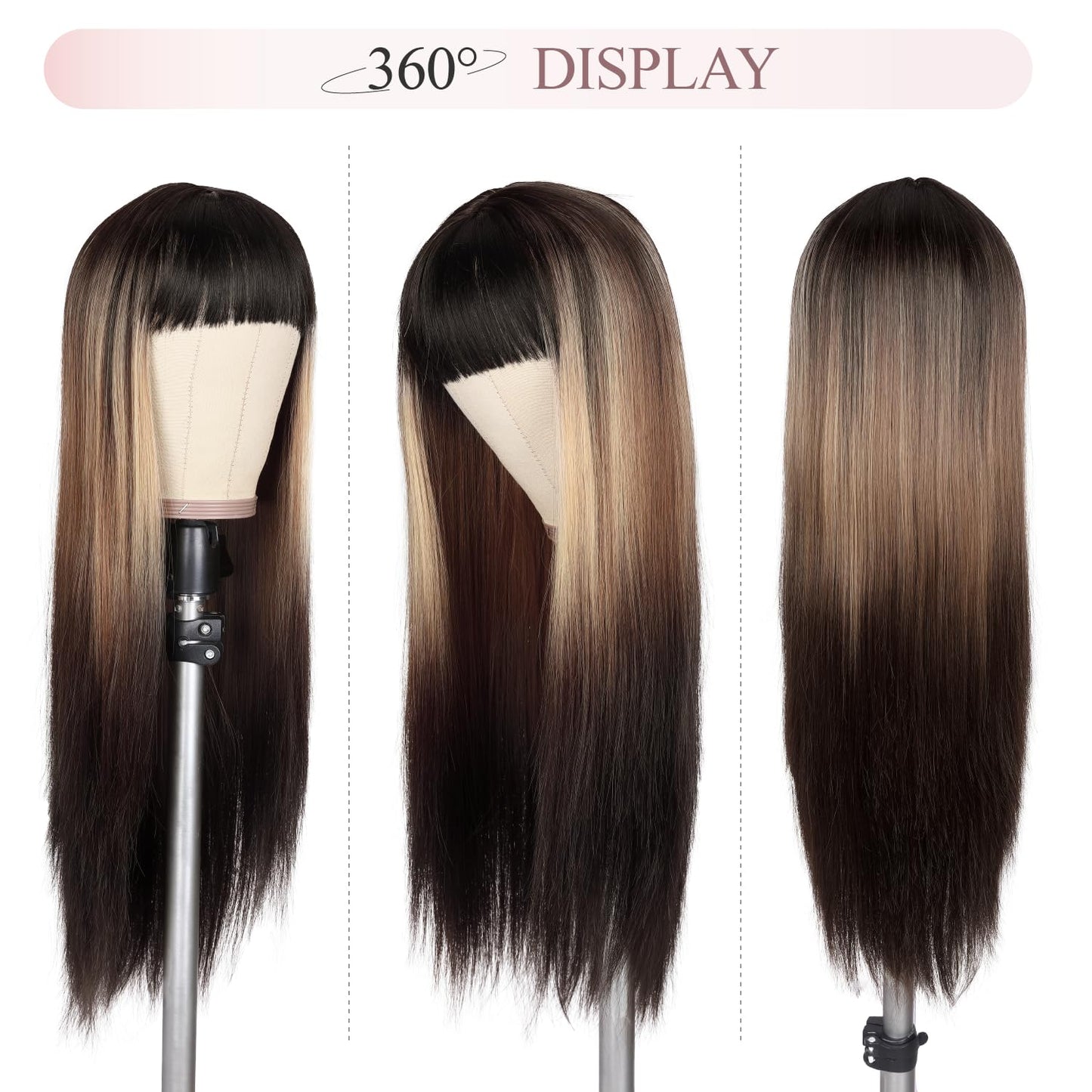 WIGER Straight Dark Brown Wigs with Bangs for Women Highlighted Ombre Long Straight Hair Wig Black-Blonde-Brown Long Wigs with Highlights Middle Part Synthetic Three-tone Hair For Party or Daily