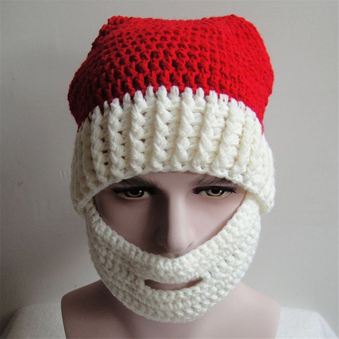 Kafeimali Unisex Christmas Winter Knitted Crochet Beanie Santa Hat with Beard Foldaway Bearded Caps (White)