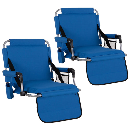 GREEN PARTY Stadium Seats for Bleachers 2 Pack Portable Outdoor Floor Folding Stadium Chair with Armrest, Back Support, Cup Holder, Mesh Bag and Hide Hooks, Blue