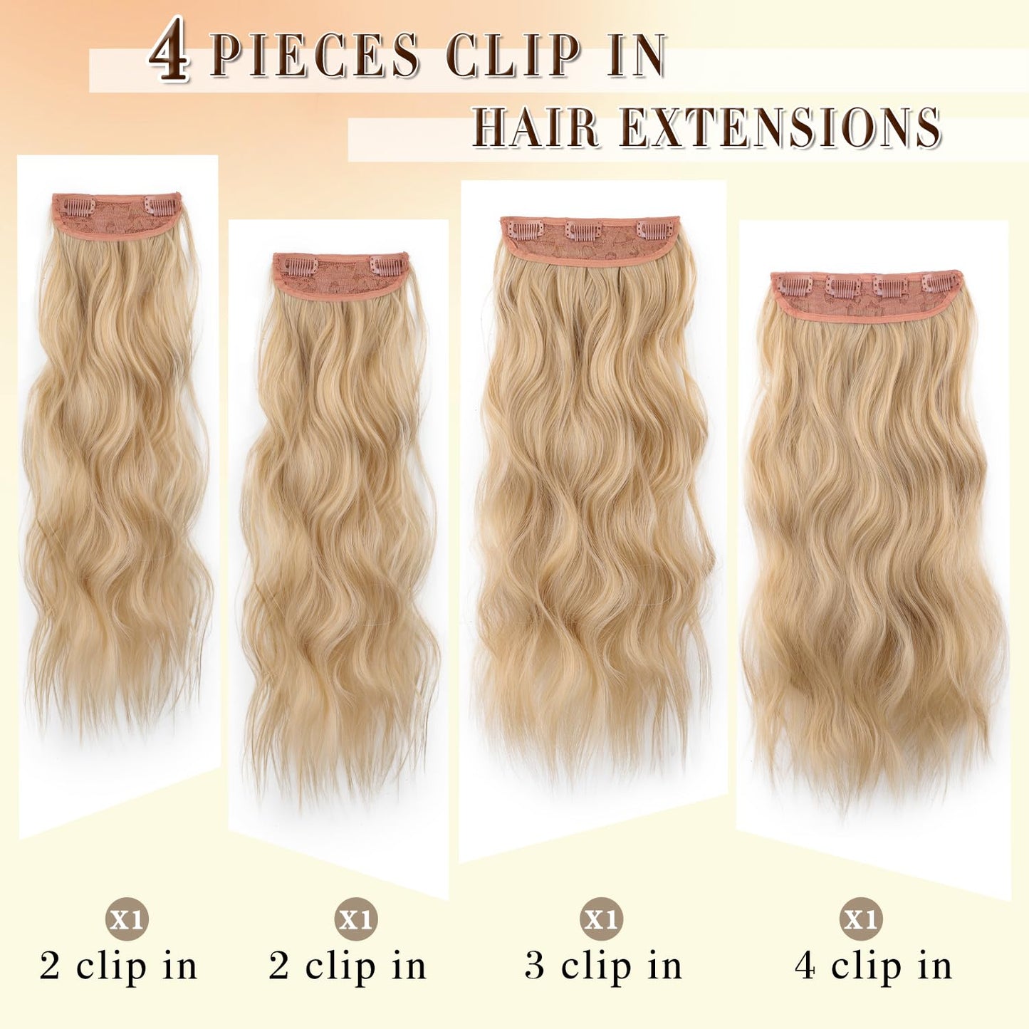 FREEMEIGE Clip in Hair Extensions for Women,Blonde Extensions Clip in Synthetic Hair Extensions Long Wavy 4PCS Thick Hairpieces Fiber Double Weft Natural Hair Extensions 20 Inch for Women
