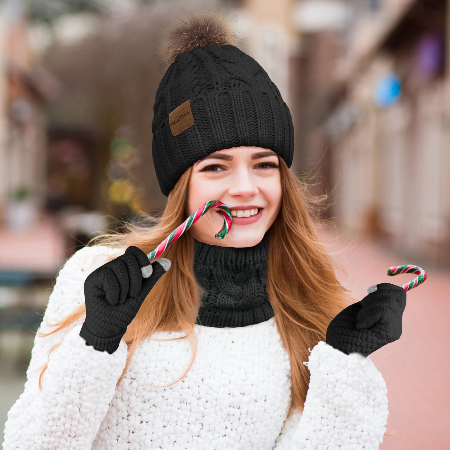 3 Pieces Winter Hat and Scarf Set for Women Warm Knit Beanie Fleece Lined Pom Hats Neck Warmer Touchscreen Gloves Gifts,Black Set