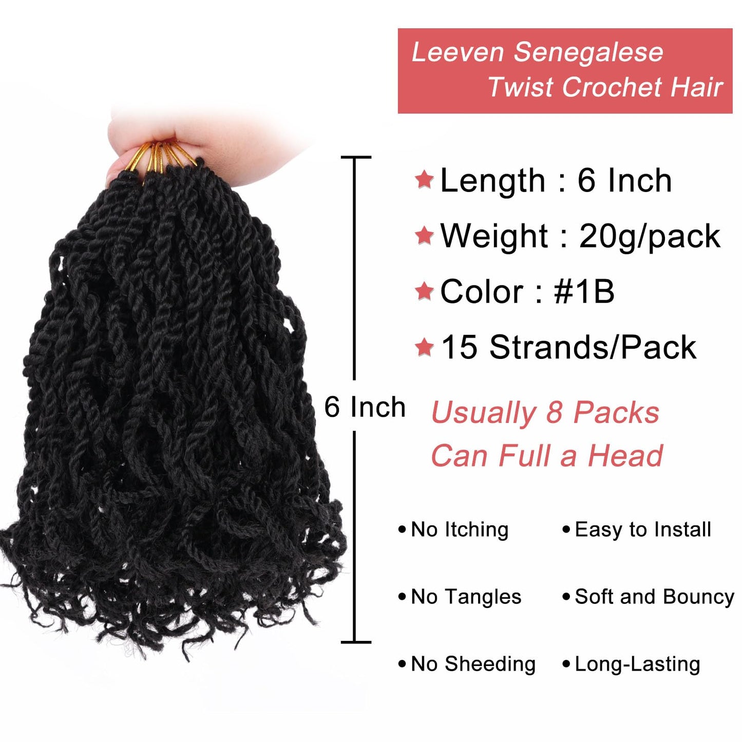 Leeven 6 Inch Senegalese Twist Crochet Hair with Curly Ends, 8 Packs Black Pre Looped 2 Strand Short Twist Hair, Wavy Small Hanava Twist, Synthetic Crochet Braids for Women Girl Kids