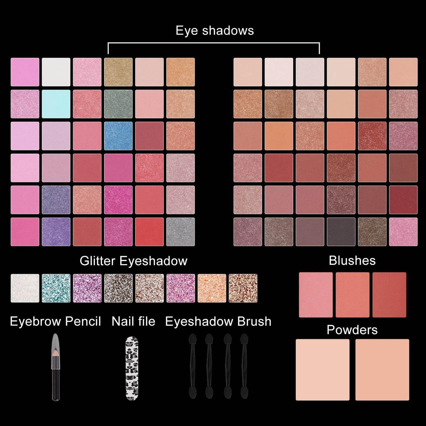 86 colors Professional Makeup Kit,All In One Makeup Set for Women, Include 72 Eye Shadows, 8 Shimmers, 3 Blushes, 2 Powders, 1 Eyebrow Pencil, 1 Nail File, Makeup Gift Set for women(015N)