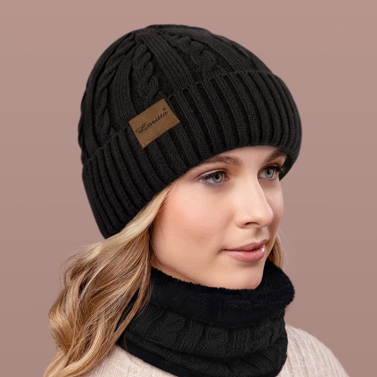 3 Pieces Winter Beanie Hat Scarf Touch Screen Gloves Set Thick Warm Knit Skull Cap Fleece Lined Scarves Gifts for Women,Black