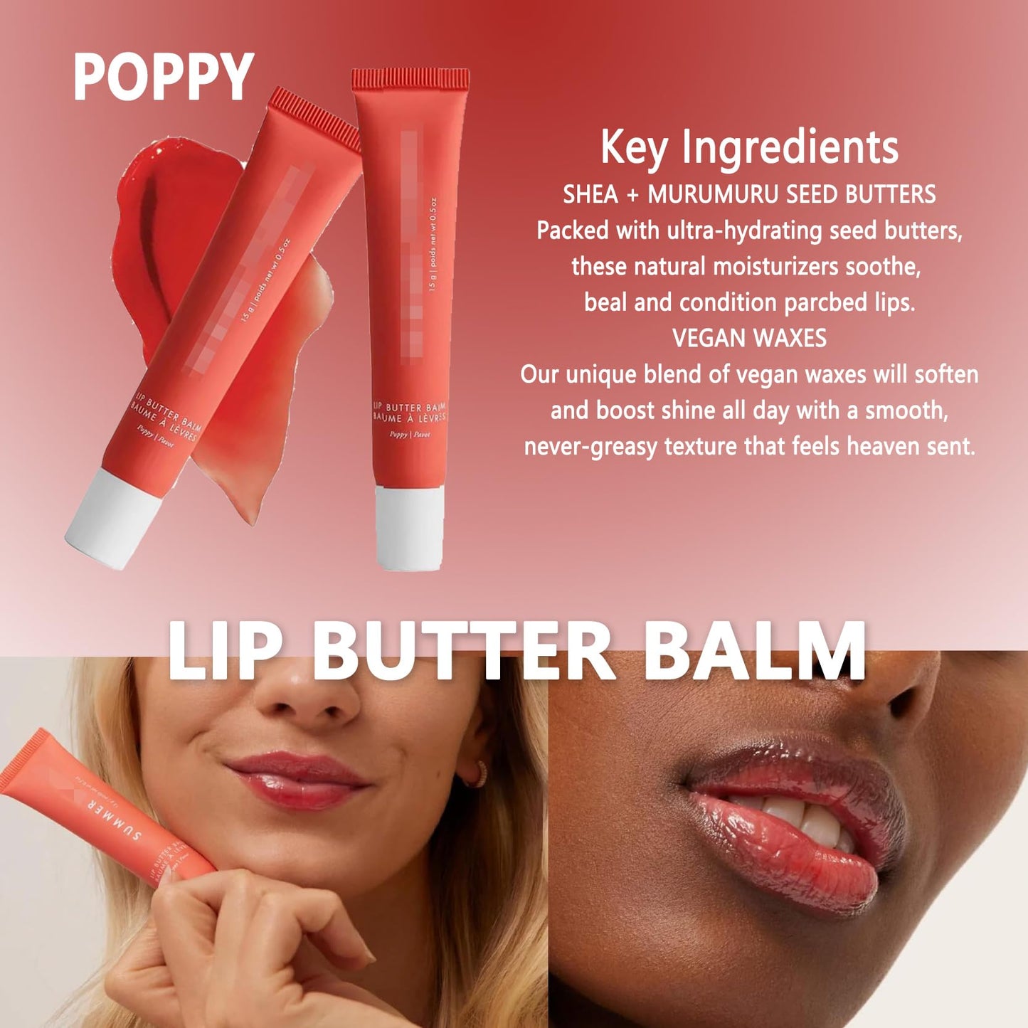 2 PCS Summer Lip Butter Balm,Conditioning Lip Gloss Lip Balm for Instant Moisture, Soothing Lip Care, Lip Oil Softens Dry Lips (Poppy)