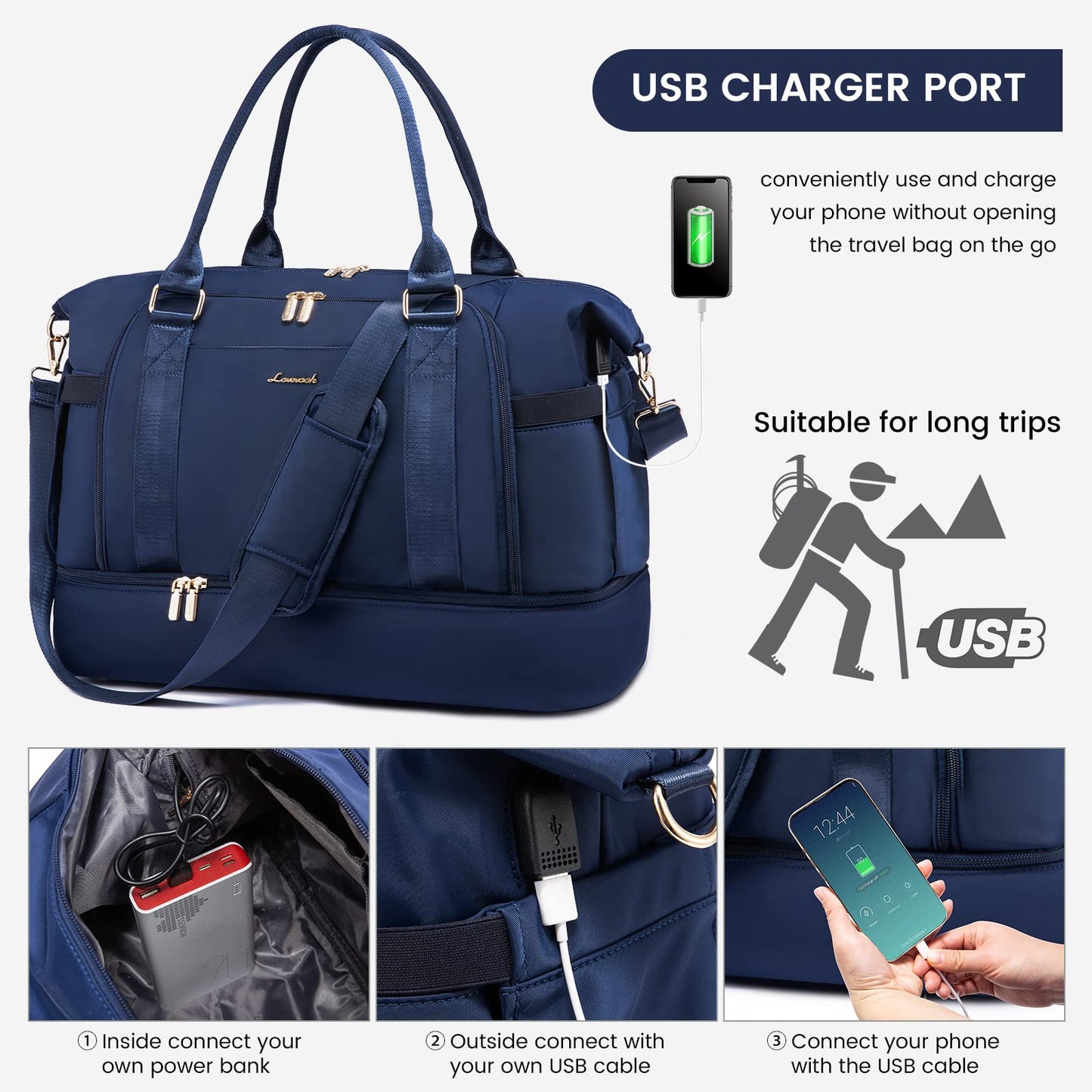 Gym Bag for Women LOVEVOOK Travel Duffel Bag with USB Charging Port, Navy Blue, Medium