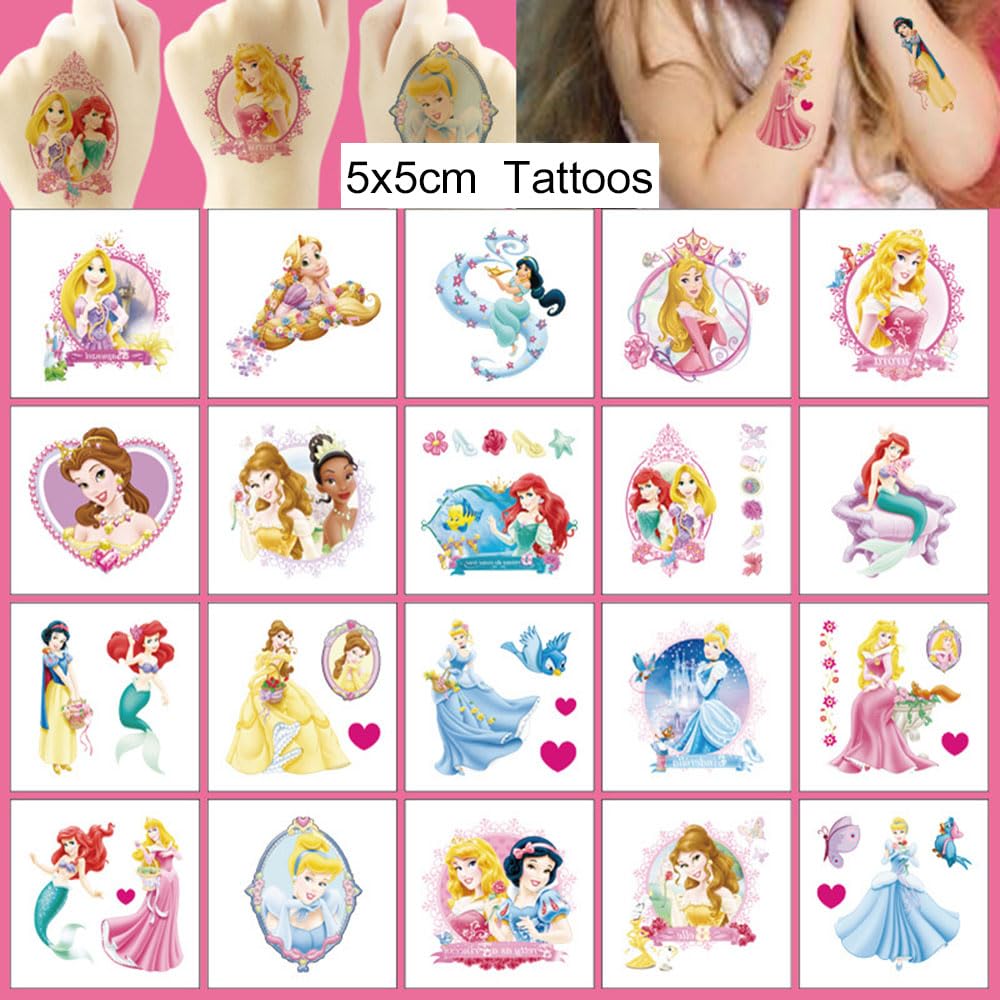 20 Sheets Princess Temporary Tattoos for Kids, Disney Princess Birthday Party Favors, Cute Cartoon Princess Decoration Sticker Gifts for Girl Boys Home Activity Class Prizes Carnival Christmas Rewards