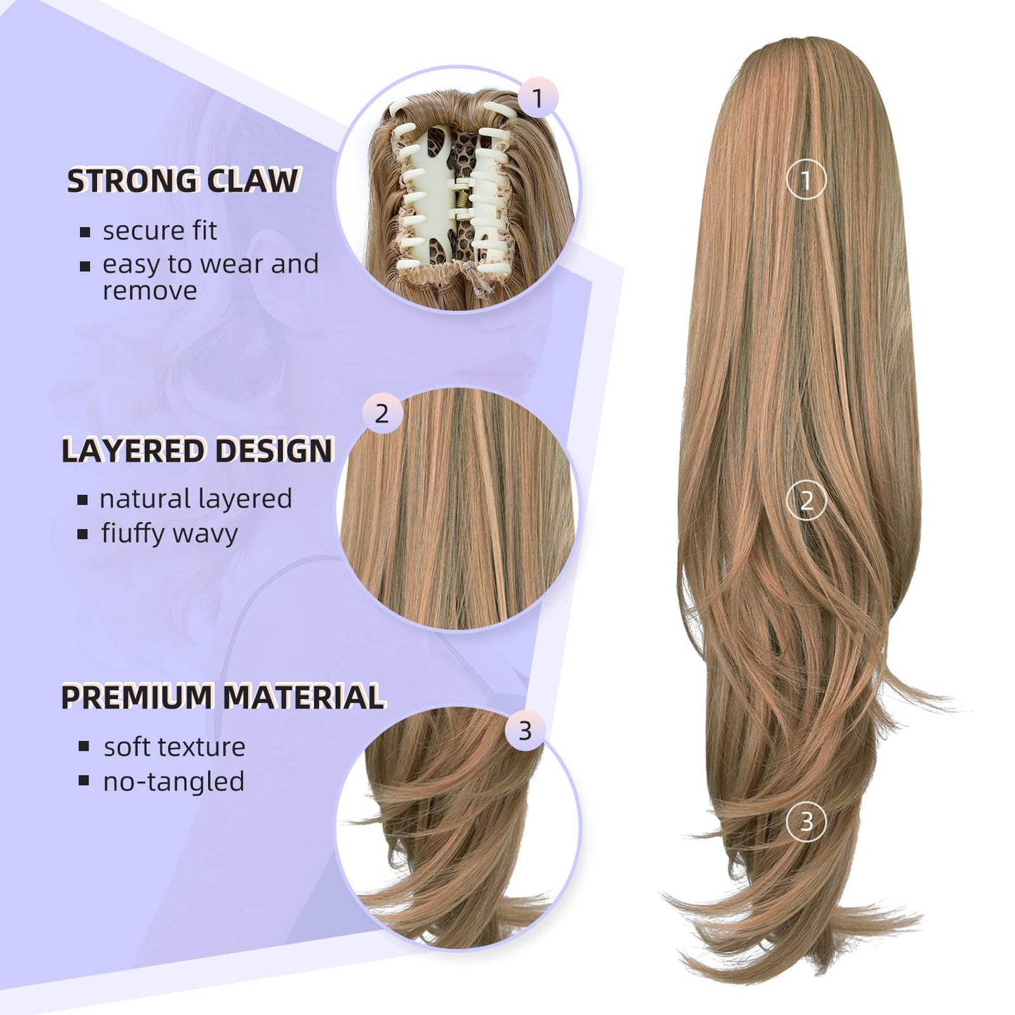ShulaSHOP Blonde ponytail extension,20" clip ponytail hair extensions ponytail claw hair ponytail Extension Natural Looking Synthetic Hairpiece for Women