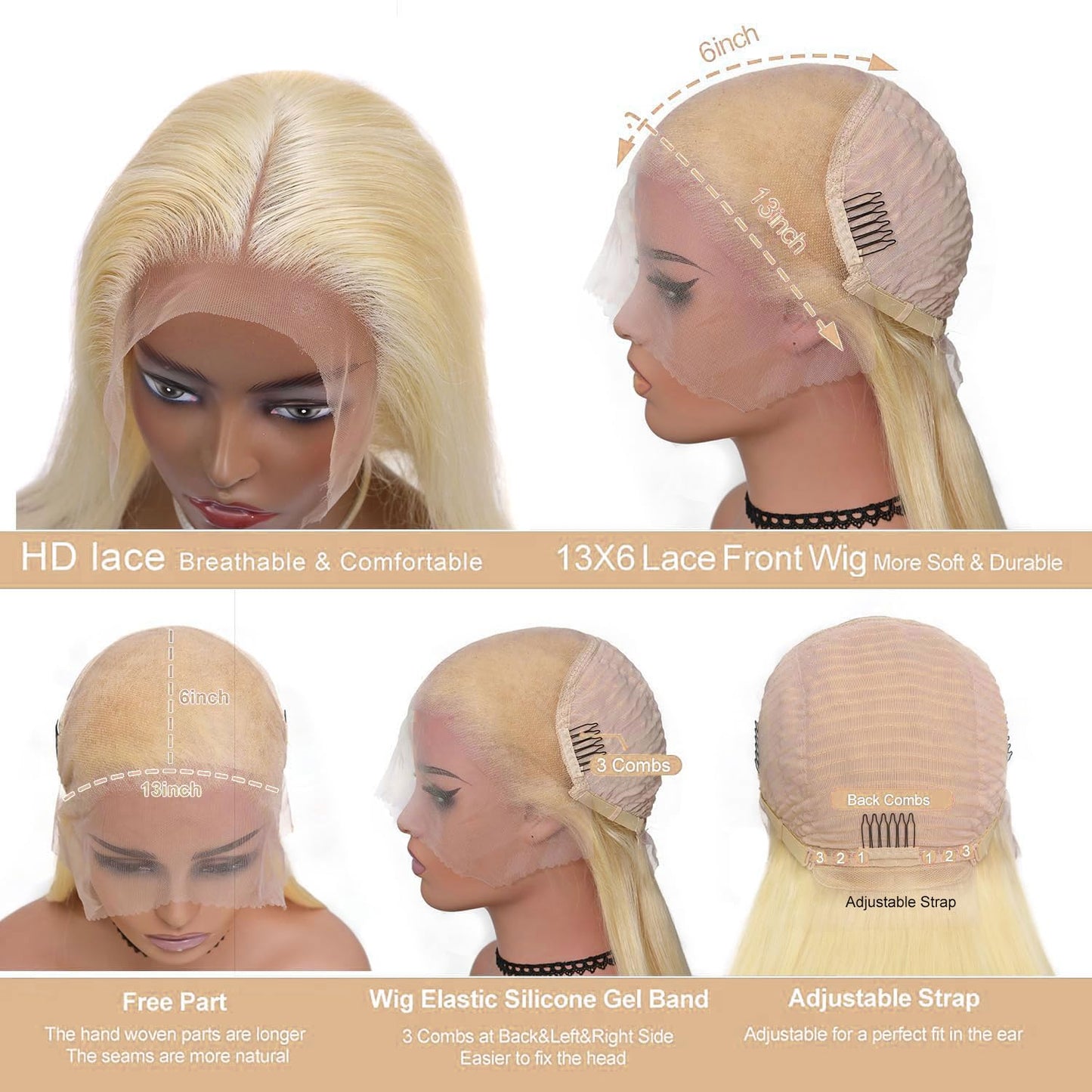 Guangming 613 13x6 Lace Front Wig Human Hair 250% Density 613 HD Lace Frontal Wig Straight Blonde Lace Front Wigs Human Hair Pre Plucked With Baby Hair (24Inch, 613 Frontal Wig)