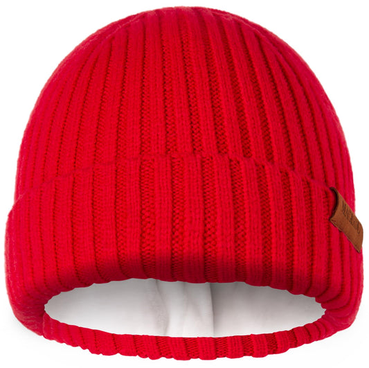 MAGISDU Beanie Winter Hats for Women Men Merino Wool Unisex Short Skull Cap Double Layer Fleece Lined Knit Fisherman Beanie Scarlet