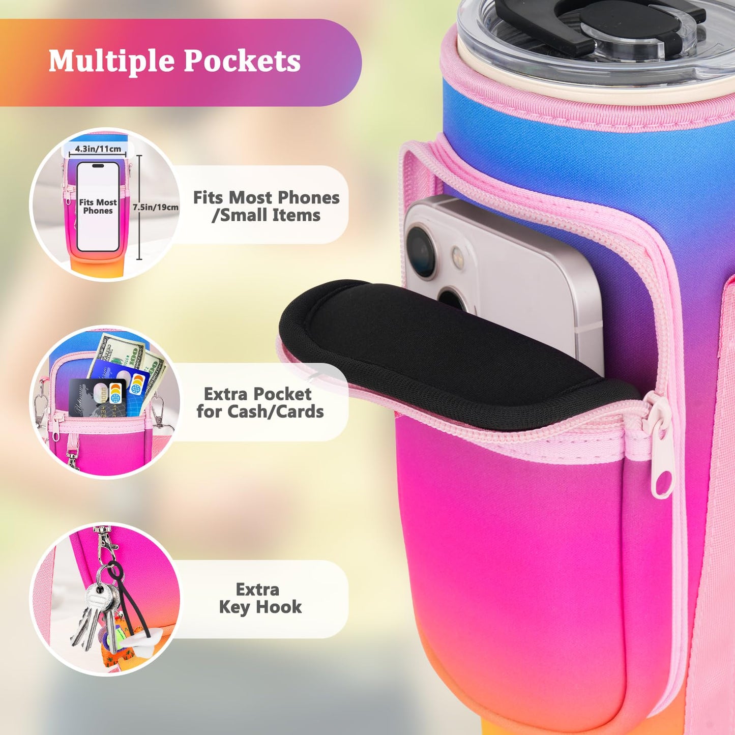 Water Bottle Carrier Bag with Phone Pocket and 2 Straw Covers Compatible with Stanley/Meoky/BrüMate 40 oz Tumbler with Handle,Water Bottle Holder with Adjustable Strap Fits for Stanley Cup Accessories