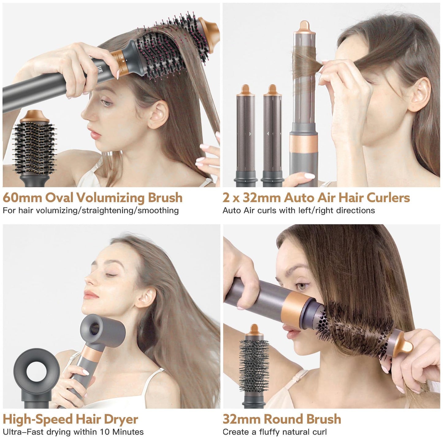 Hair Dryer Brush, webeauty 5 in 1 One Step Professional Hot Air Brush Set for Fast Drying, Curling Drying, Straightening Combing, Hair Styler [Ceramic Coating] [Negative Ion] 110000 RPM (Grey+Gold)