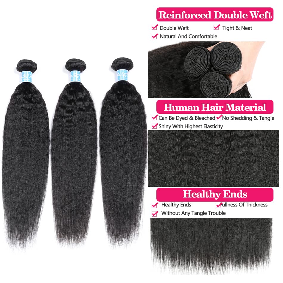 20 22 24 Kinky Straight Human Hair Bundles Yaki Straight Human Hair Extensions 100% Unprocessed Brazilian Virgin Remy Hair Kinky Straight Human Hair For Black Women Natural Black