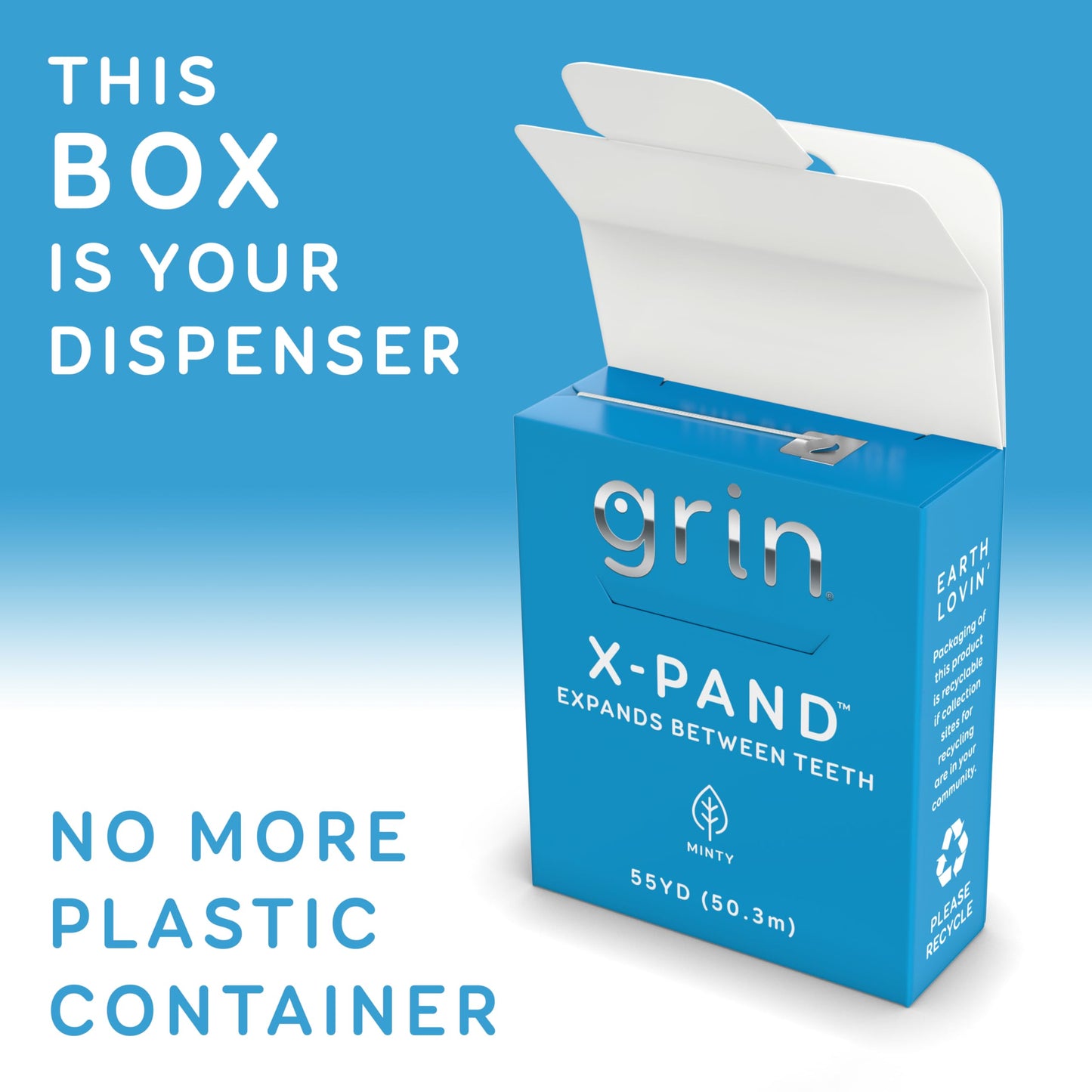 GRIN X-Pand Floss Box, Expands Between Teeth, 55 Yards (50.3m), Minty Flavor, Recyclable Packaging, 165 Feet of Strong Fine Dental Floss, No More Plastic Container, No Shredding or Breaking