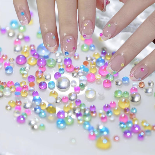 200Pcs Colorful Bubble Beads Mermaid Nail Art Charm Aurora Pearls Candy Caramel Stone Mix Nail Art Rhinestones Half-Round Flat Back Rhinestones for Nails Small Glass for Crafts Nail Art Accessories