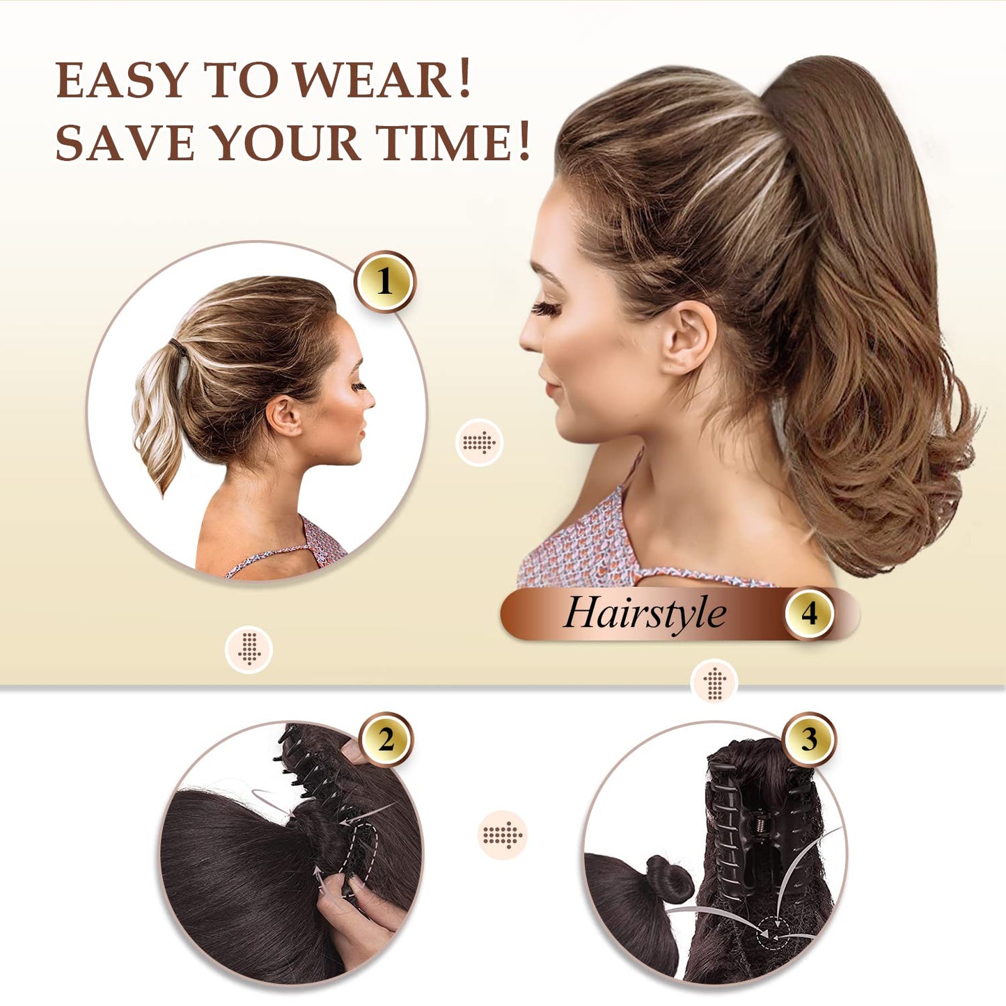 SOFEIYAN 13" Ponytail Extension Long Curly Ponytail Clip in Claw Hair Extension Natural Synthetic Hairpiece for Women, Blonde & Brown