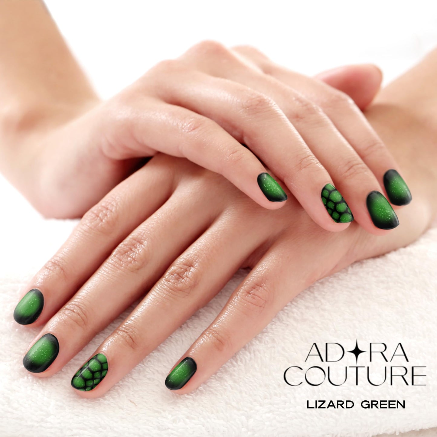 Adora Couture Semi Cured Gel Nail Strips with 30 Pieces, Salon Quality Nail Wraps for Women, Green Black Ombre Aura UV Gel Nail Stickers, UV Light Required, Lizard Green