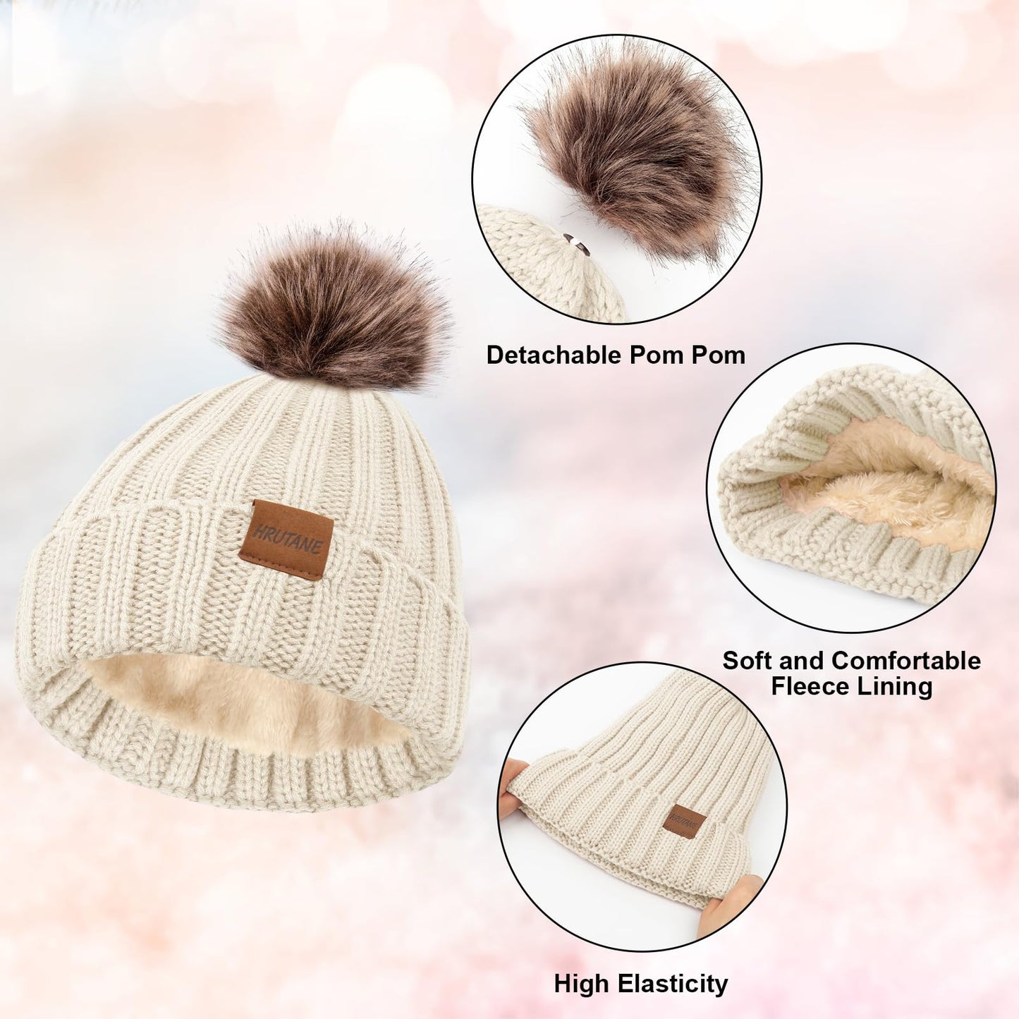 3 Pcs Winter Hat Scarf and Gloves Set for Women, Warm Knit Fleece Lined Beanies Neck Warmer Touchscreen Gloves, Stripe 02- Beige