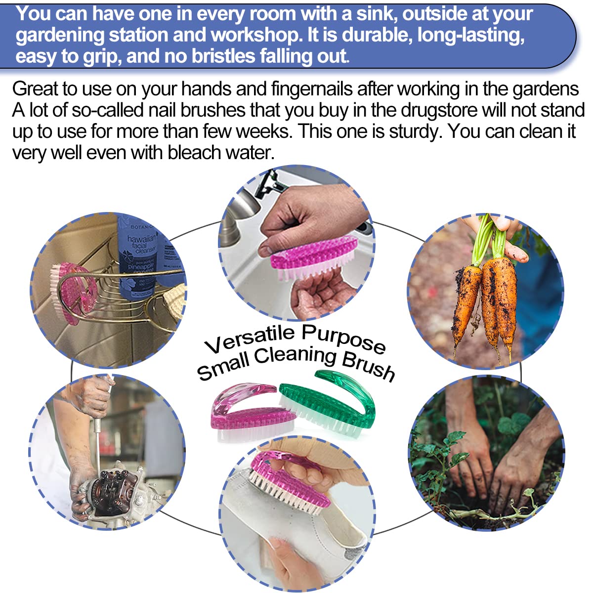 Handle Grip Nail Brush for Cleaning Fingernails Hands & Under Nails, Stiff Bristle Mechanic Scrub Brush Cleaner for Men Women, Pedicure Scrubbing Tool Kit (2 Pink + 2 Green)