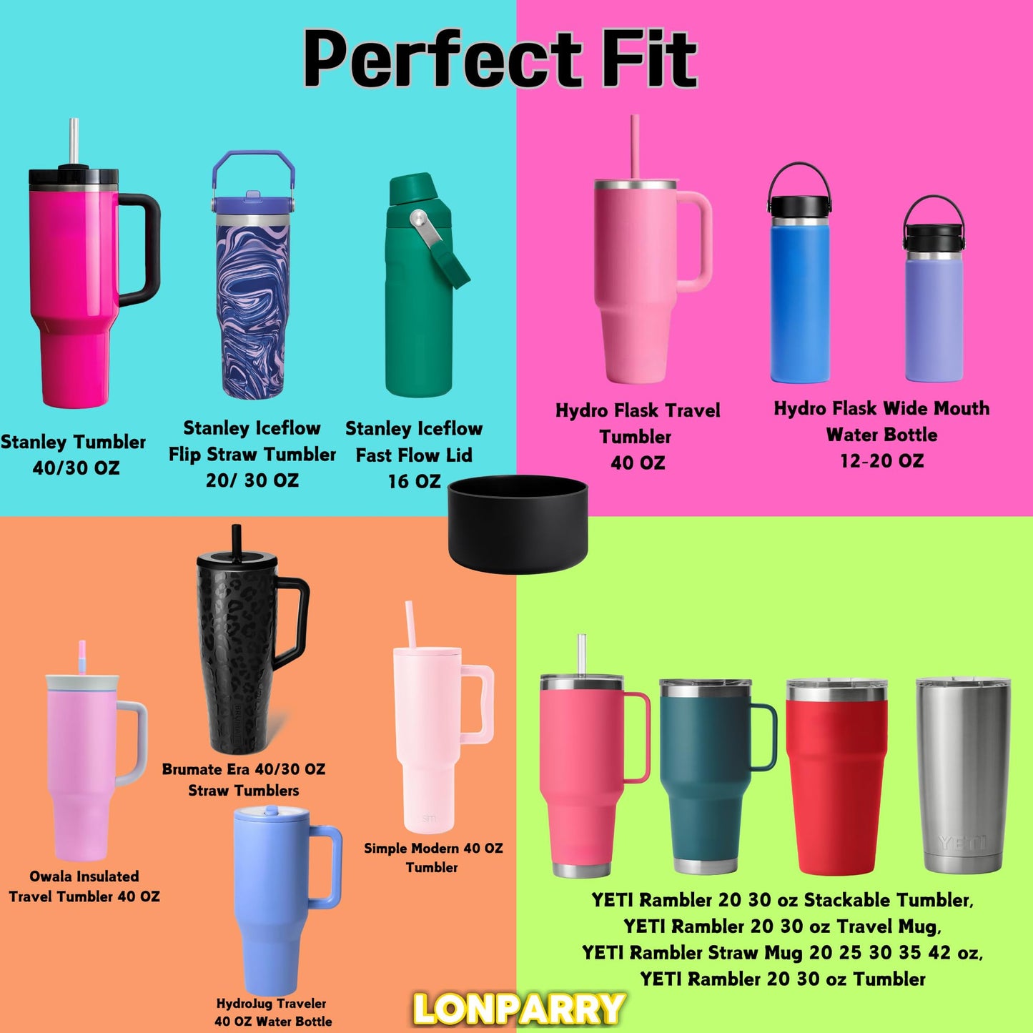 LONPARRY 4-Pack Silicone Boot for Stanley Cup Quencher IceFlow Rubber Bottom Sleeve Protector for Stanley Tumbler HydroFlask Car Travel Cup Bottle Bottom (Black+Lemon+Coral Red+Orange)