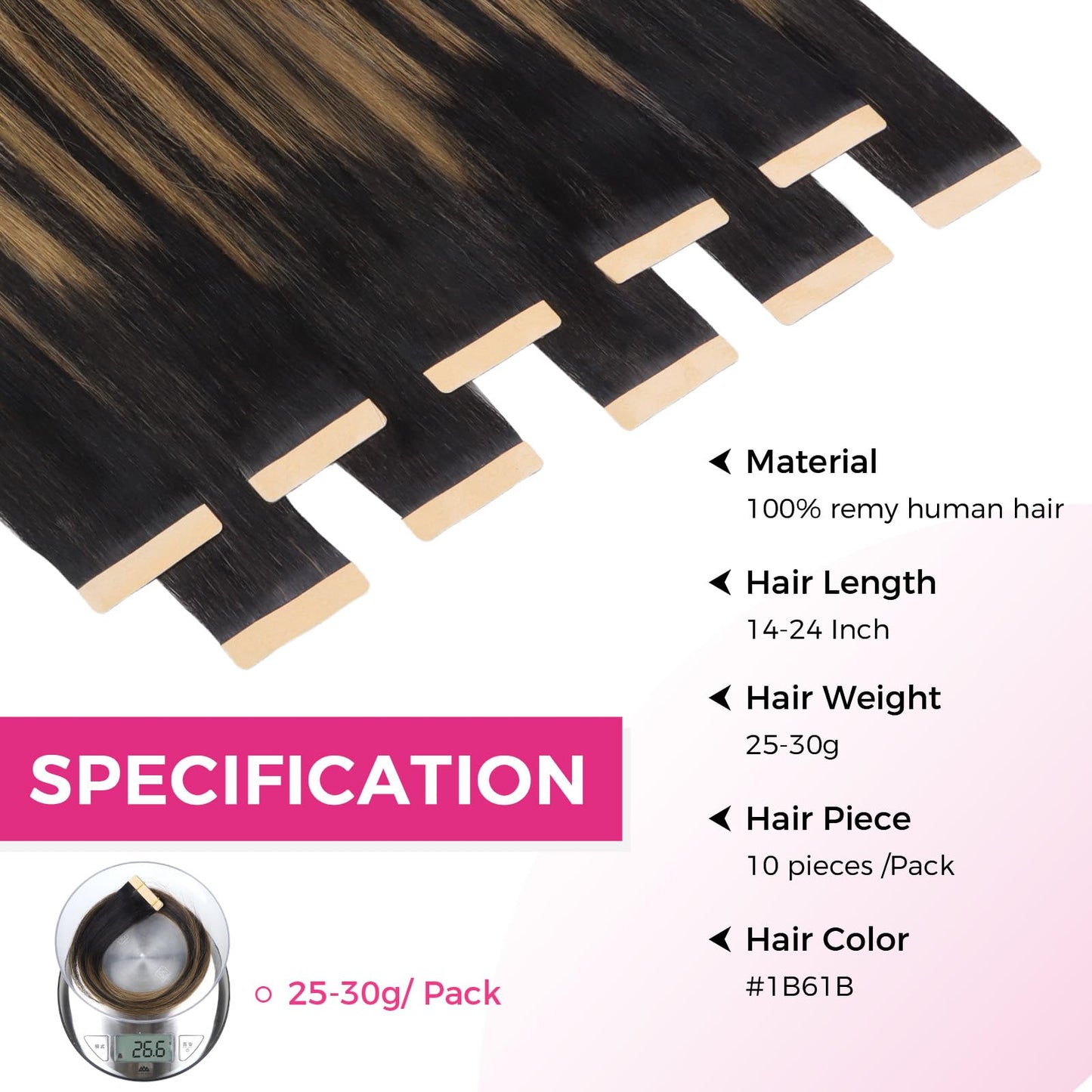 Lashey Tape in Hair Extensions 25g 10pcs 16 Inch Straight Natural Black Mixed Chestnut Brown Highlighted Hair Extensions Tape in Hair for Women