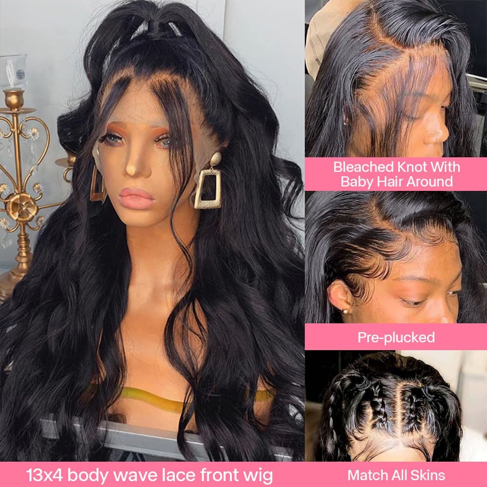 13x4 Body Wave Lace Front Wigs Human Hair For Black Women Hd Lace Front Wigs Human Hair Pre Plucked Bleached Knots with Baby Hair 180% Dentisy GluelessTransparent Lace Wig Brazalian Virgin Hair