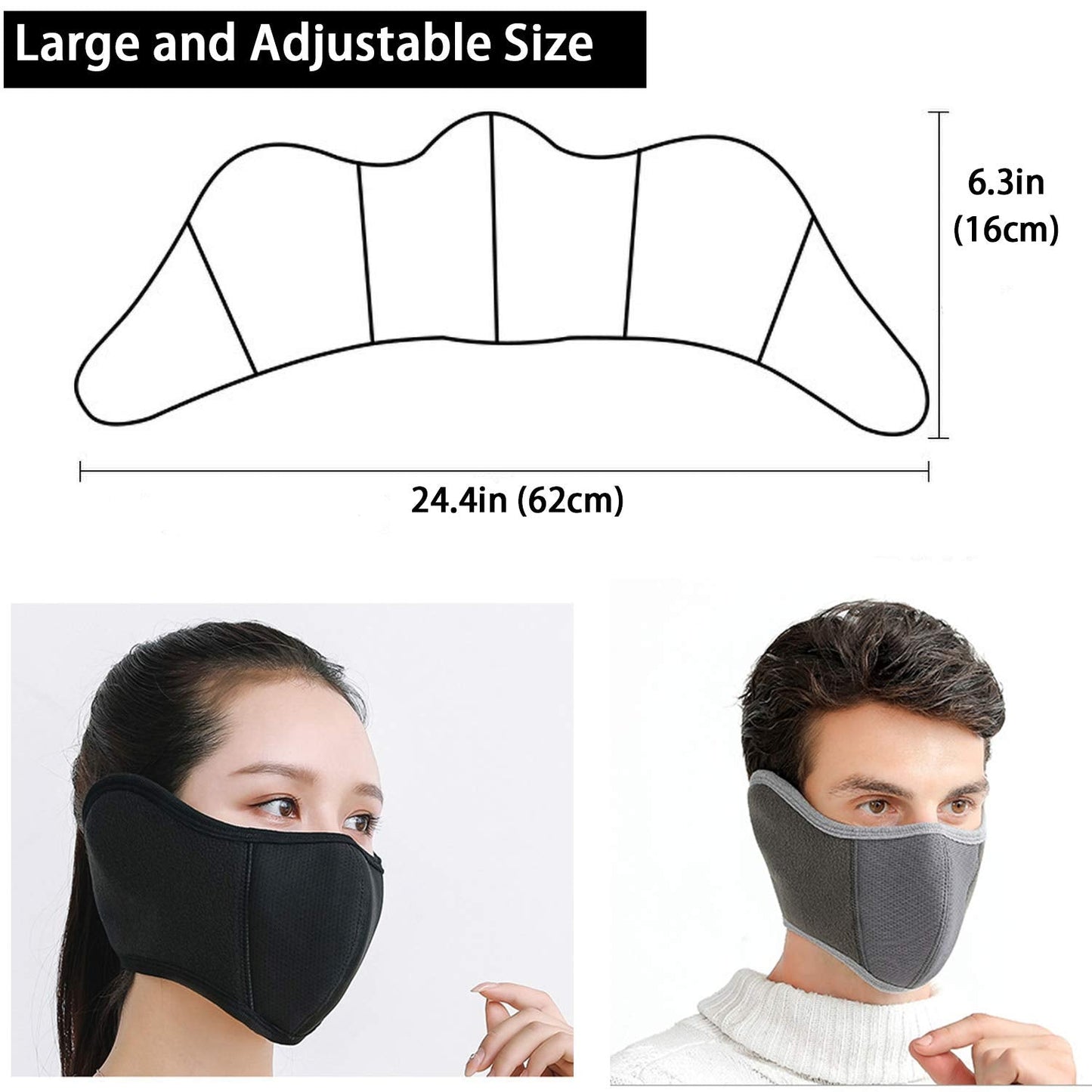 E-jades 2PCS Winter Black Half Face Mask Washable Reusable for Men Women Unisex Running,Cycling,Bicycle,Motorcycle,Skiing,Snowboard, Nose and Mouth Windproof Facemask Balaclava for Outdoor Earmuffs