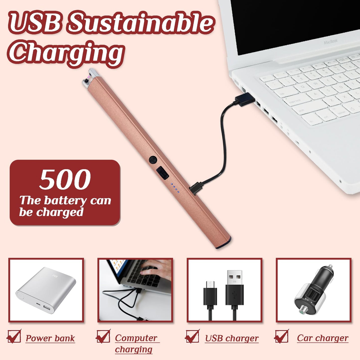 2 PCS Candle Lighter,Windproof Flameless Electric Lighter with LED Power Display ＆ Safety Switch, Upgraded Plasma USB Rechargeable Lighter for Birthday Camping BBQ (Rose Gold)